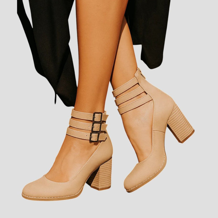 Aria | Women's Distressed Leather-Look Double-Buckle Block-Heel Ankle Boots