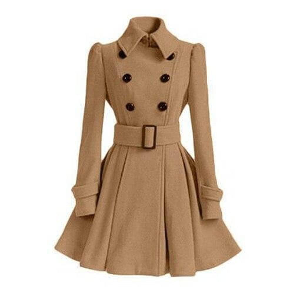 Ava | Women's Double-Breasted Belted Wool Coat Trench Coat Flared Hem