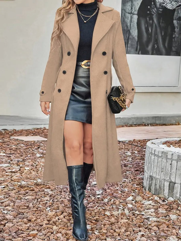 Aria | Women's Double-Breasted Longline Wool-Look Coat Notch Lapel