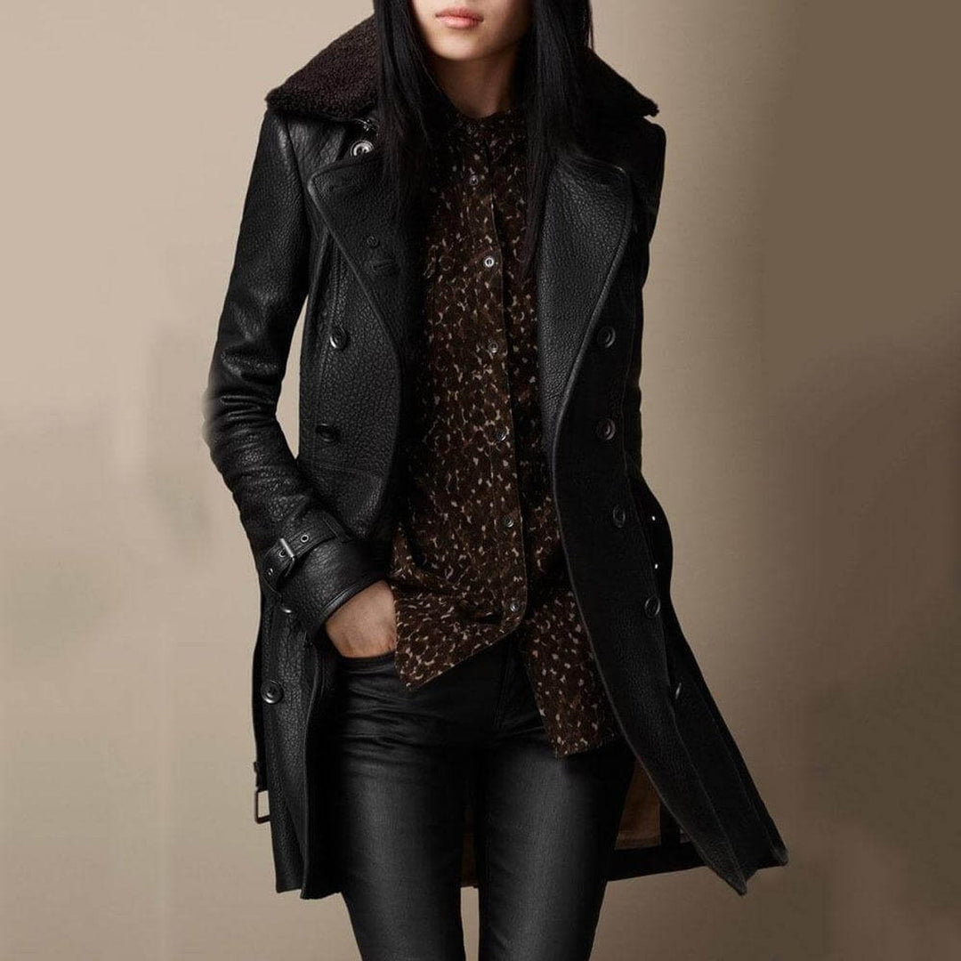 Freya | Women's Double-Breasted Shearling Collar Leather Trench Coat