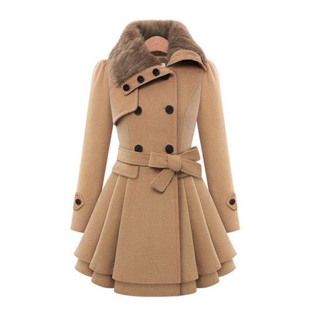 Lily | Women's Double-Breasted Wool Coat Faux Fur Collar Belted Skater