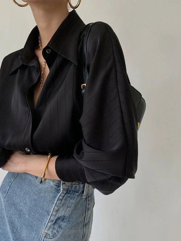 Sophie | Women's Long Sleeve Striped Satin Blouse Gold-Tone Buttons