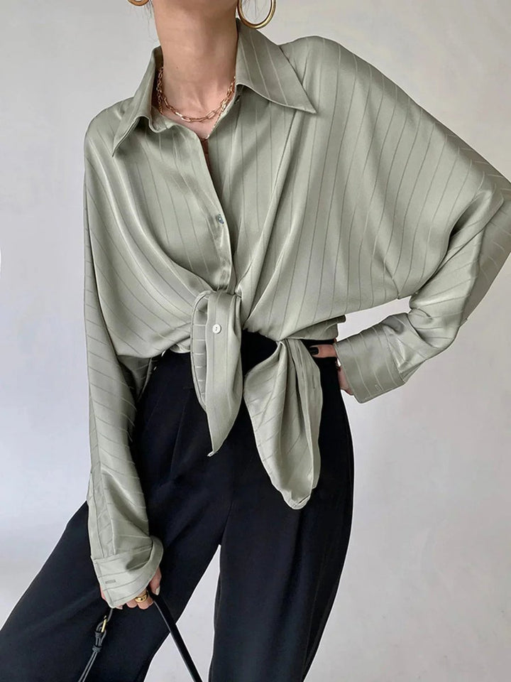 Sophie | Women's Long Sleeve Striped Satin Blouse Gold-Tone Buttons
