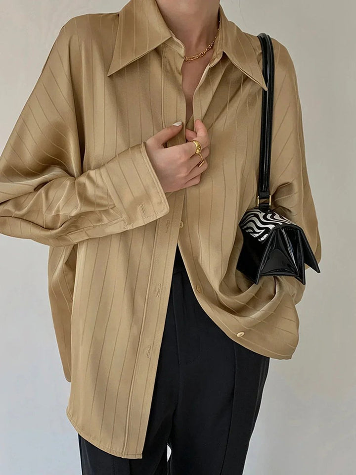 Sophie | Women's Long Sleeve Striped Satin Blouse Gold-Tone Buttons