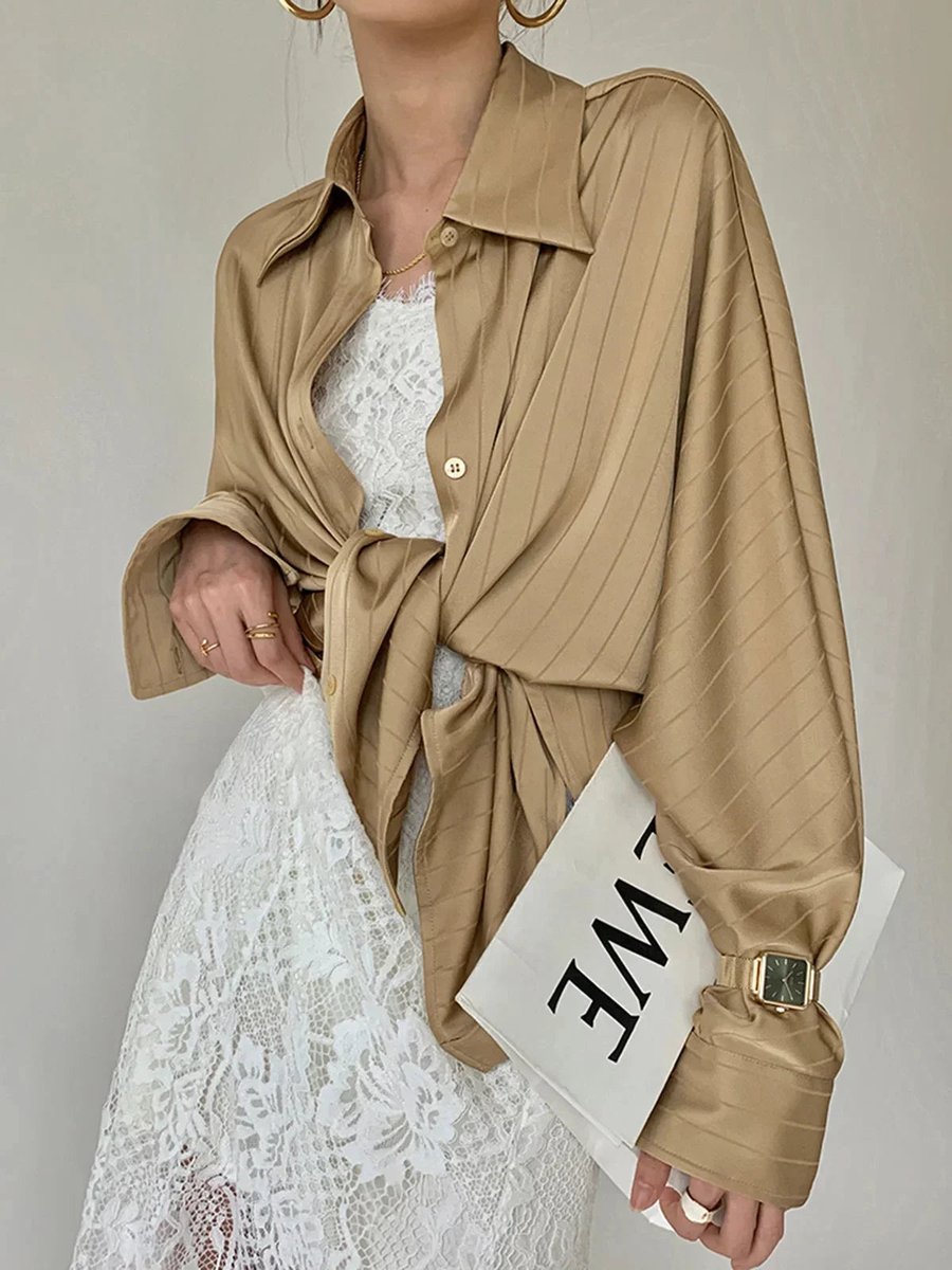 Sophie | Women's Long Sleeve Striped Satin Blouse Gold-Tone Buttons