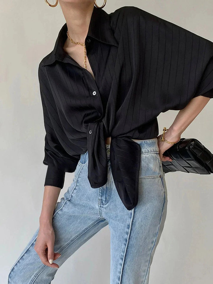 Sophie | Women's Long Sleeve Striped Satin Blouse Gold-Tone Buttons