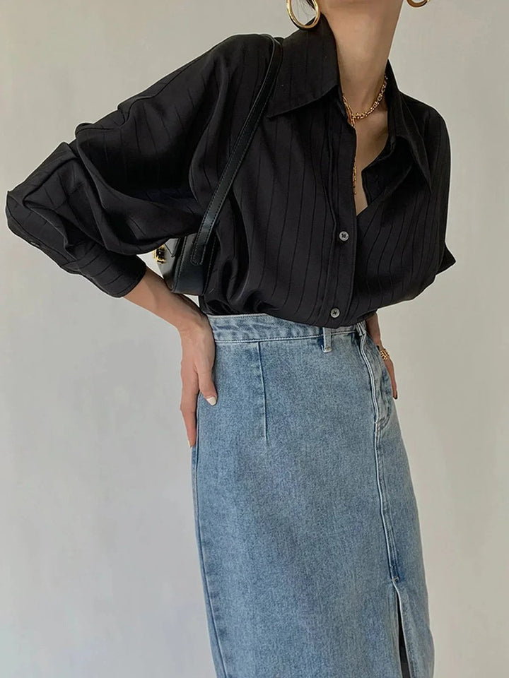 Sophie | Women's Long Sleeve Striped Satin Blouse Gold-Tone Buttons
