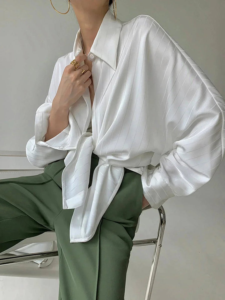 Sophie | Women's Long Sleeve Striped Satin Blouse Gold-Tone Buttons