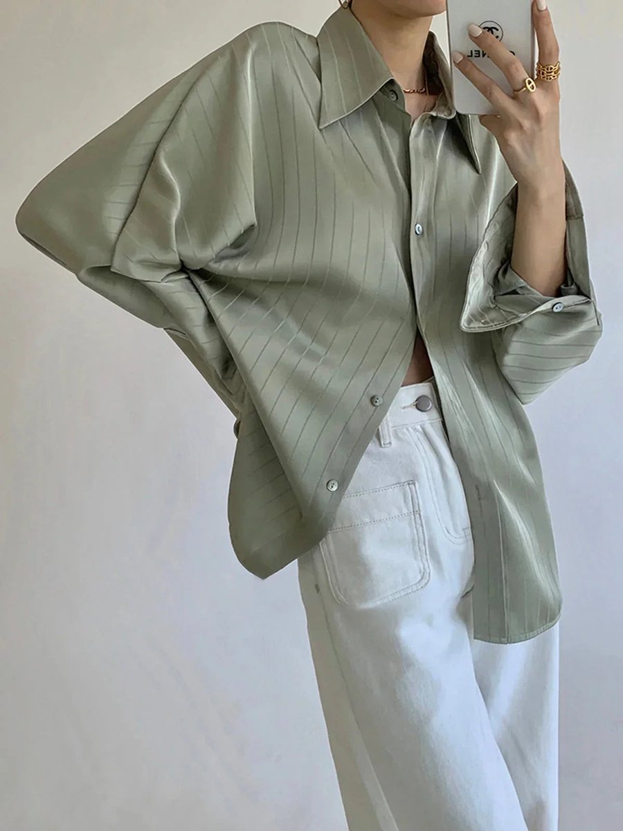 Sophie | Women's Long Sleeve Striped Satin Blouse Gold-Tone Buttons