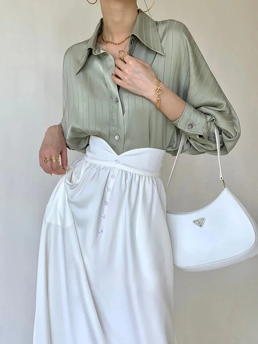 Sophie | Women's Long Sleeve Striped Satin Blouse Gold-Tone Buttons