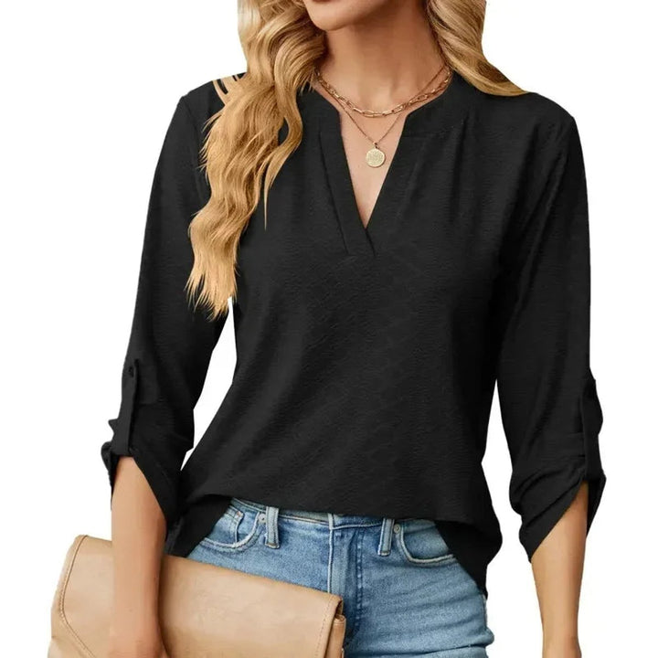 Mia | Women's Long-Sleeve V-Neck Blouse Button Cuffs Straight Cut