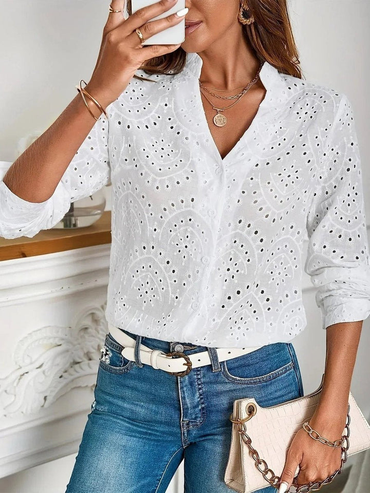 Mia | Women's Long-Sleeve V-Neck Blouse Button Cuffs Straight Cut