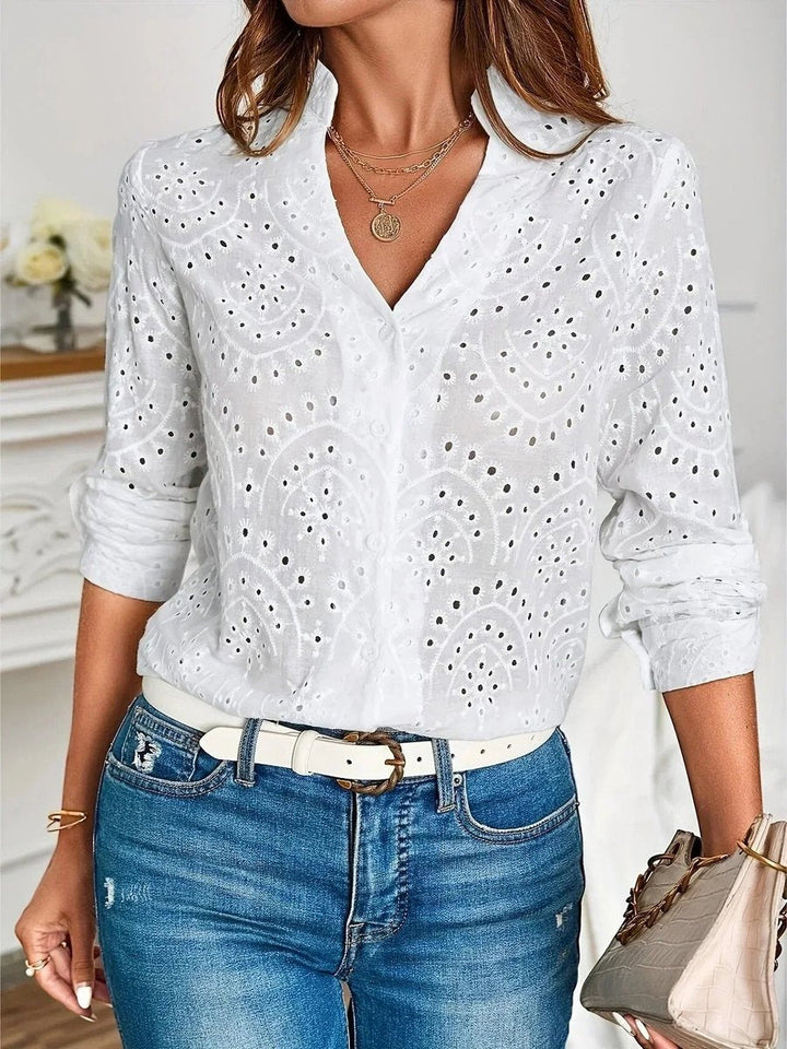 Mia | Women's Long-Sleeve V-Neck Blouse Button Cuffs Straight Cut