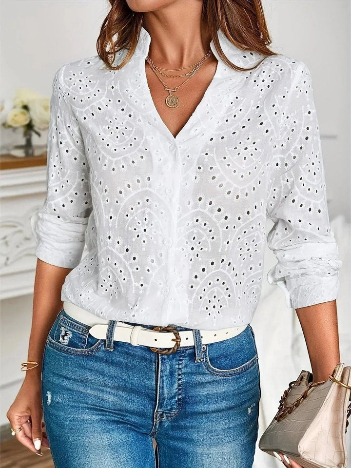 Mia | Women's Long-Sleeve V-Neck Blouse Button Cuffs Straight Cut
