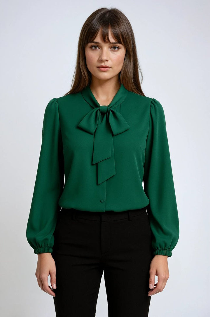 Rosie | Women's Pussy-Bow Blouse Long Sleeve Puff Shoulders
