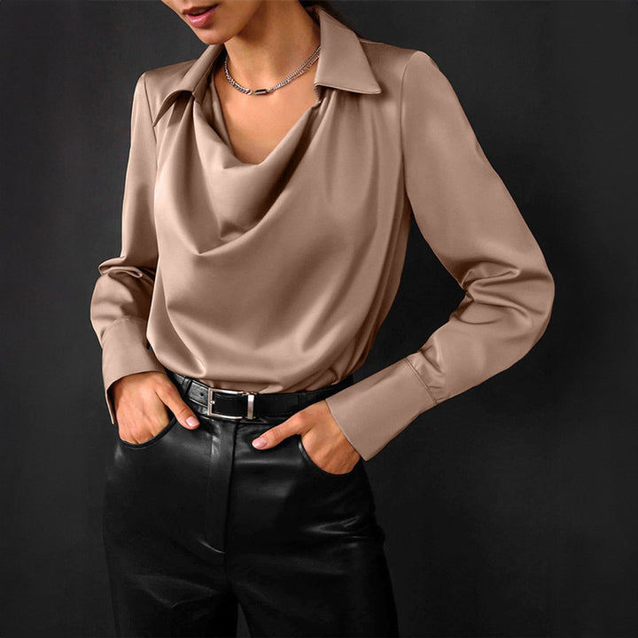Emily | Women's Satin Cowl Neck Blouse Long Sleeve Pointed Collar
