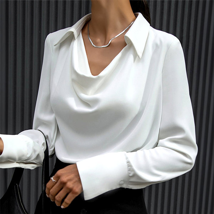 Emily | Women's Satin Cowl Neck Blouse Long Sleeve Pointed Collar