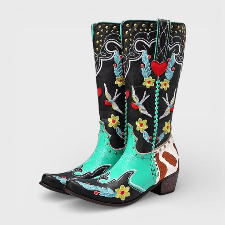 Isla | Women's Embroidered Knee-High Western Cowboy Block-Heel Boots