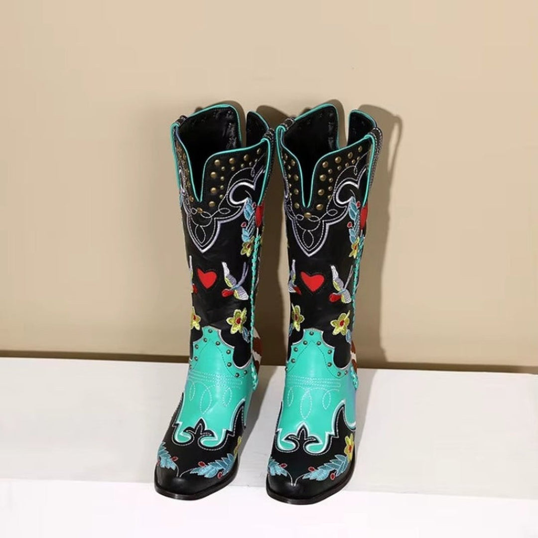 Isla | Women's Embroidered Knee-High Western Cowboy Block-Heel Boots