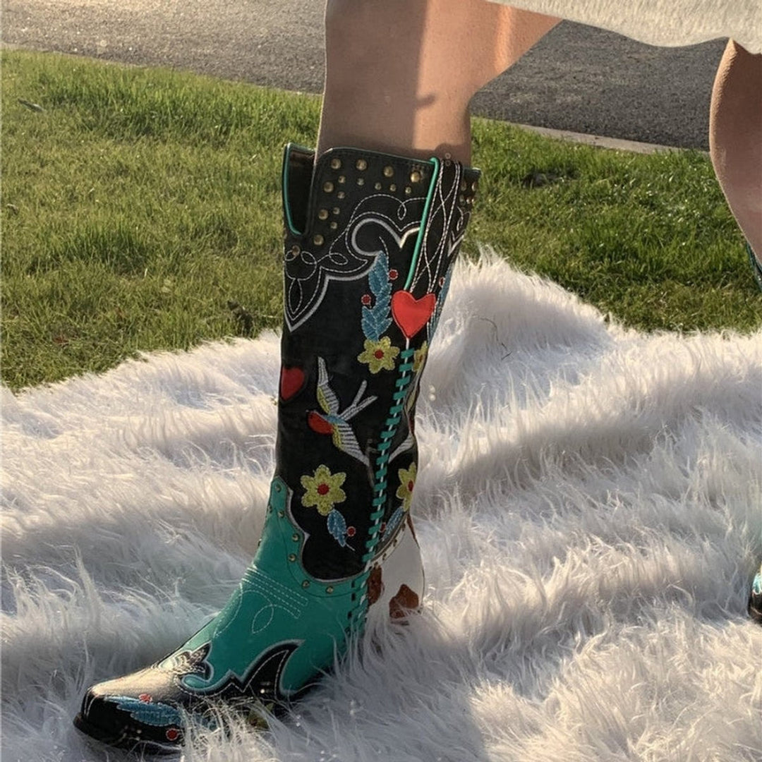 Isla | Women's Embroidered Knee-High Western Cowboy Block-Heel Boots