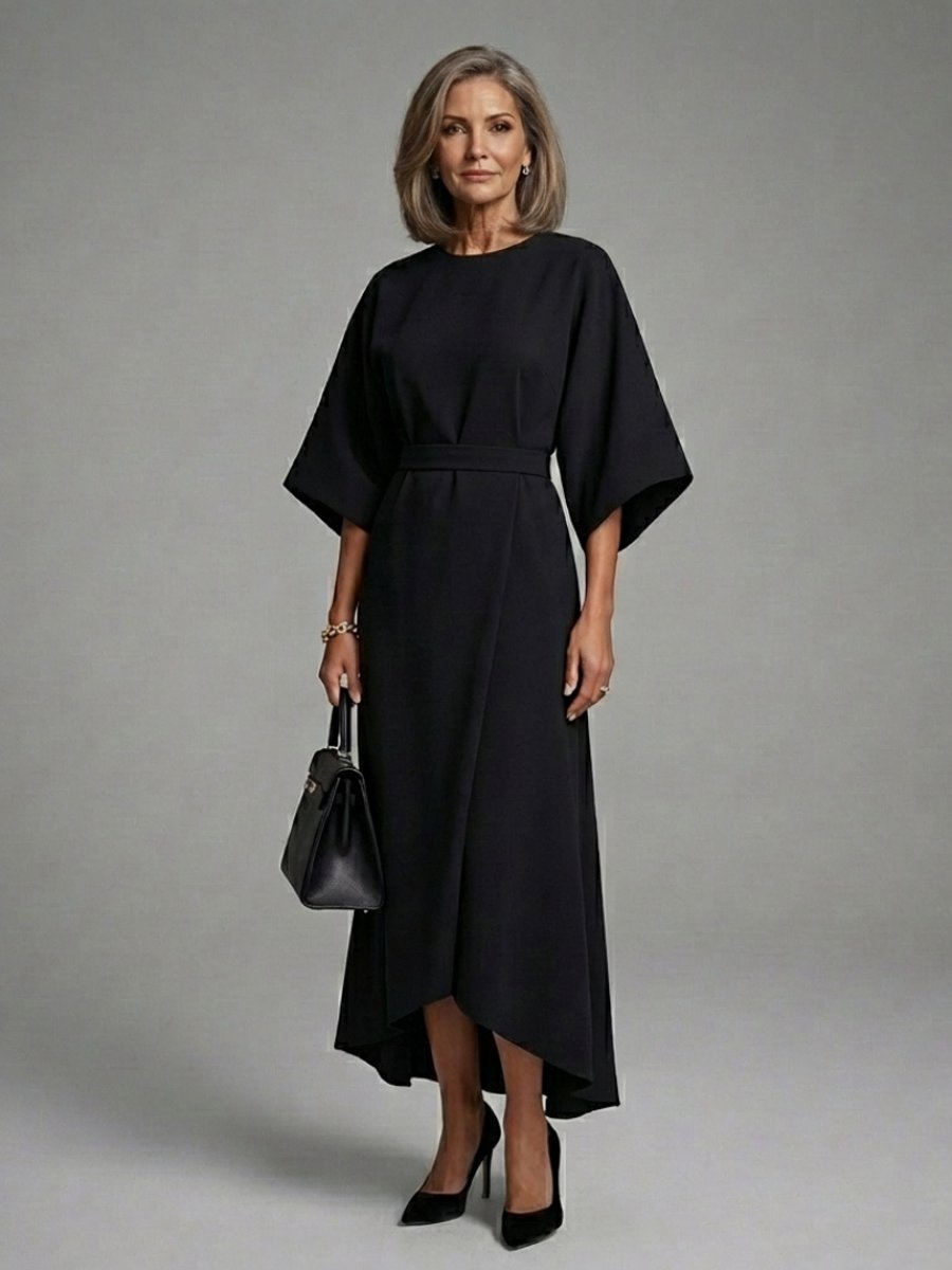 Freya | Women's Everyday Cape Sleeve Waist-Defined Asymmetric Midi Party Dress