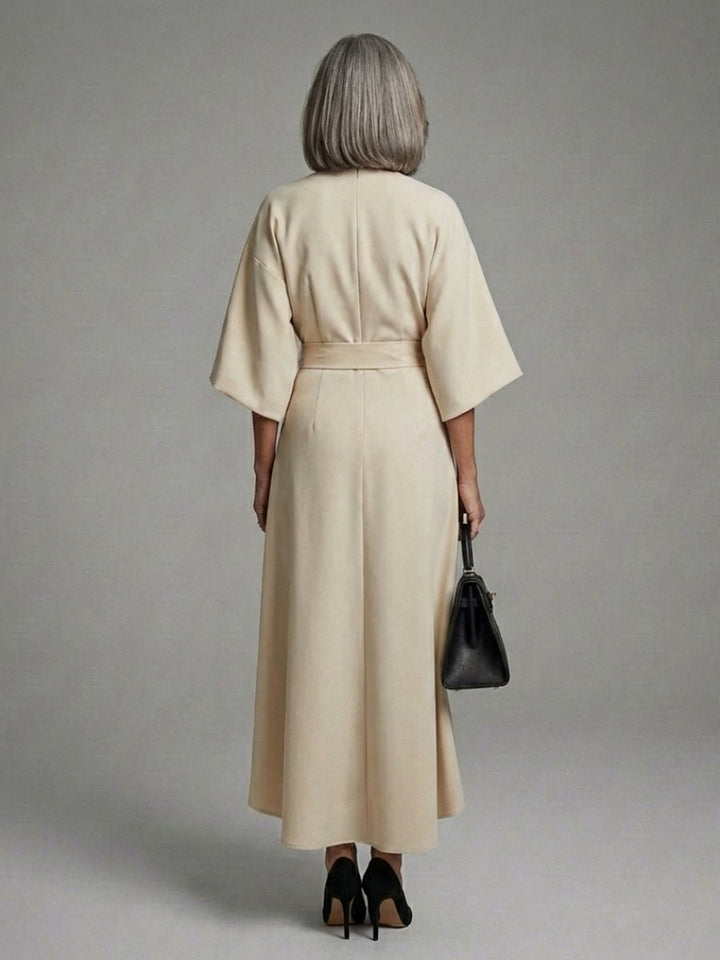 Freya | Women's Everyday Cape Sleeve Waist-Defined Asymmetric Midi Party Dress
