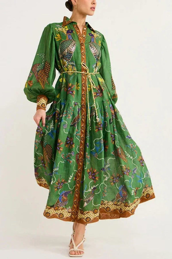 Isla | Women's Bird Print Midi Shirt Dress Long Sleeve Rope Belt