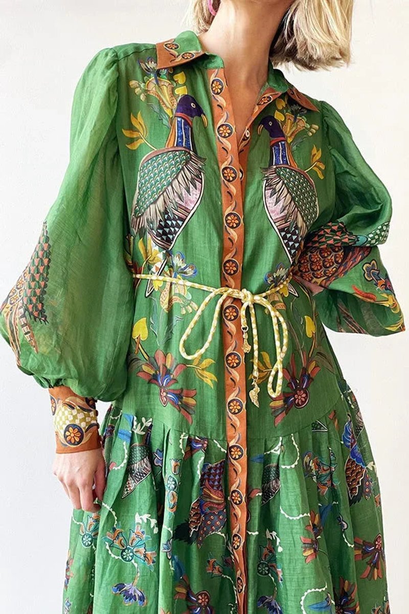 Isla | Women's Bird Print Midi Shirt Dress Long Sleeve Rope Belt