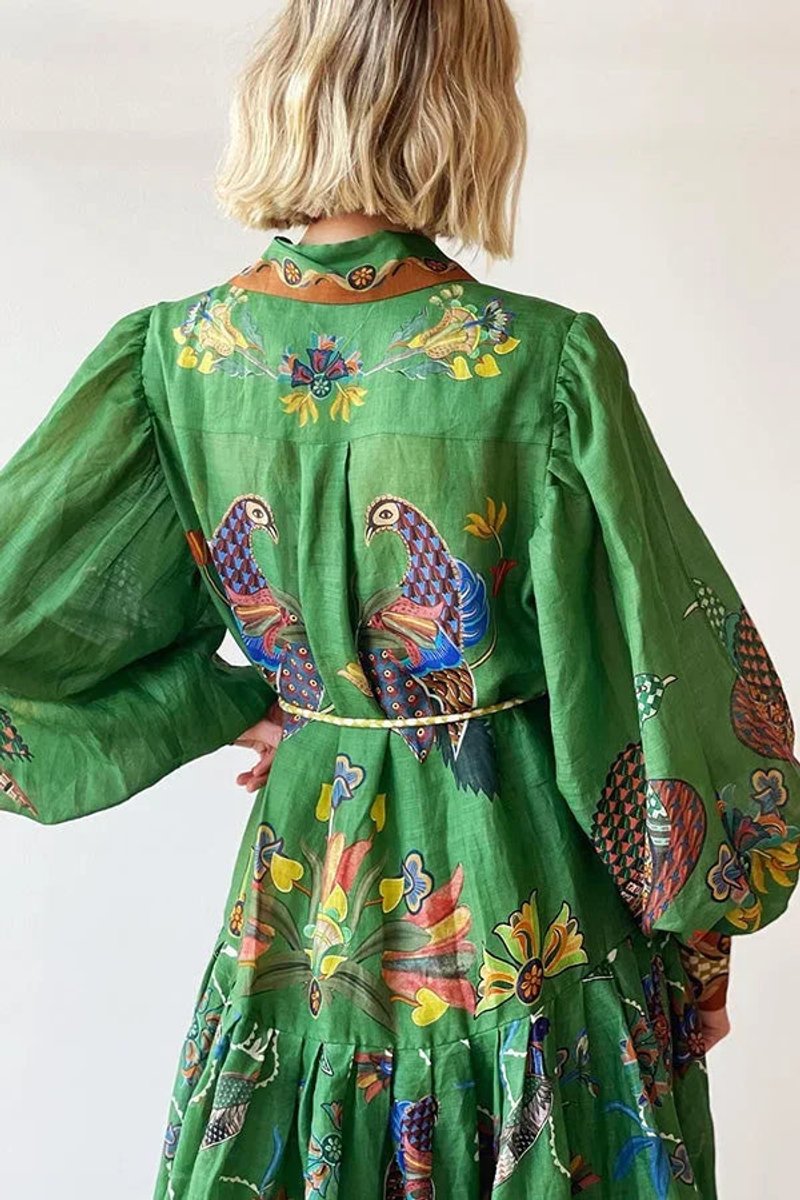 Isla | Women's Bird Print Midi Shirt Dress Long Sleeve Rope Belt