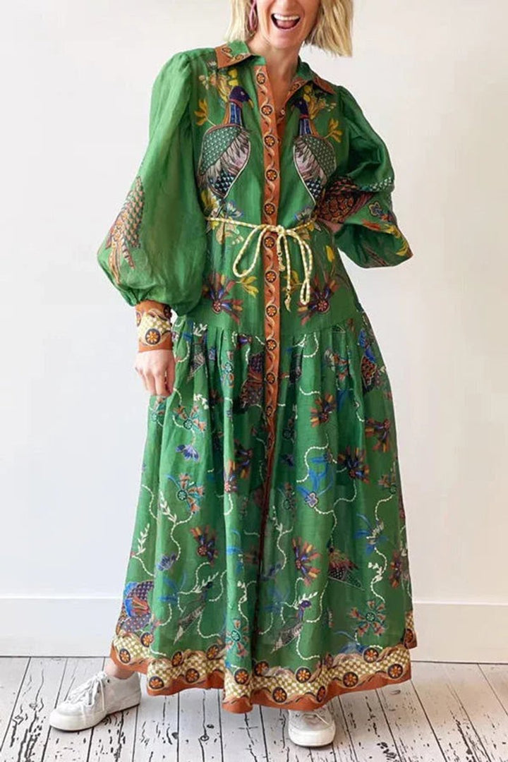 Isla | Women's Bird Print Midi Shirt Dress Long Sleeve Rope Belt