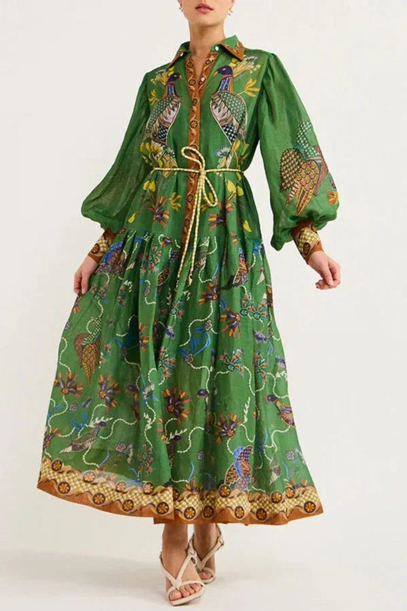Isla | Women's Bird Print Midi Shirt Dress Long Sleeve Rope Belt