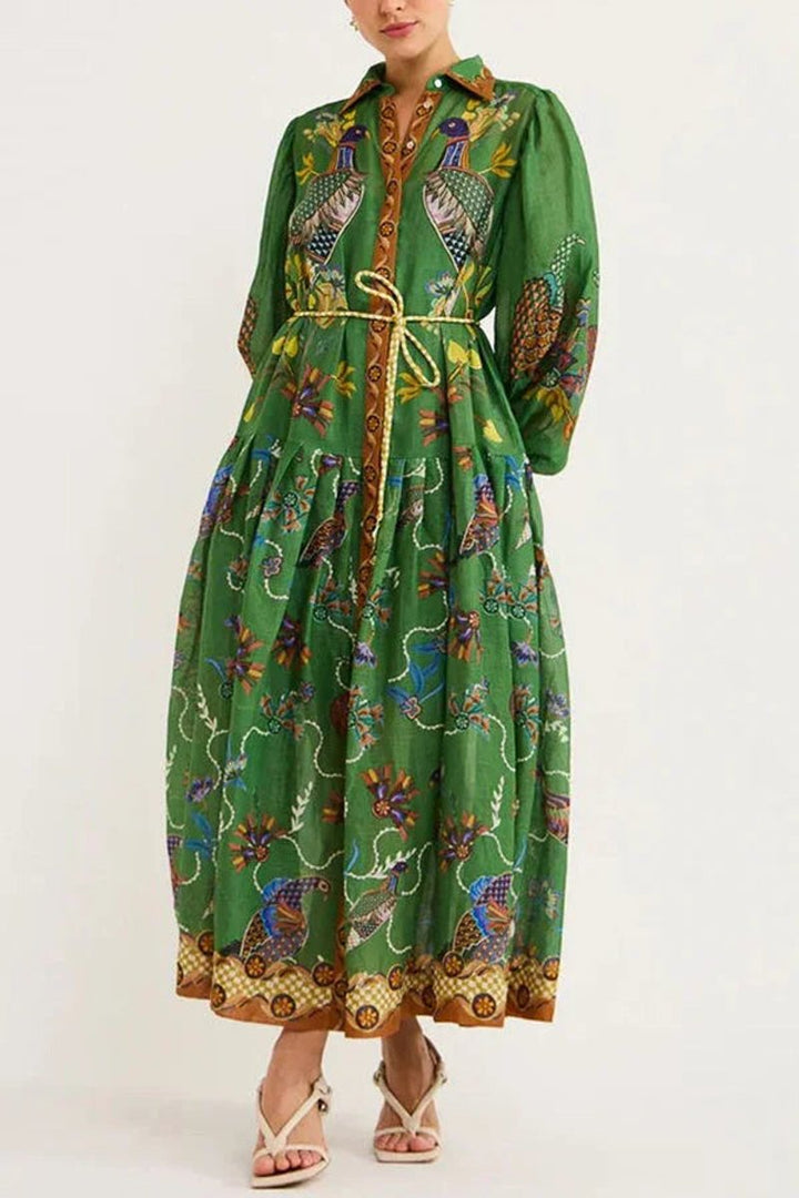 Isla | Women's Bird Print Midi Shirt Dress Long Sleeve Rope Belt