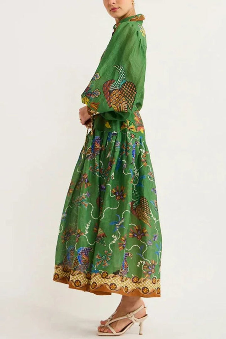 Isla | Women's Bird Print Midi Shirt Dress Long Sleeve Rope Belt