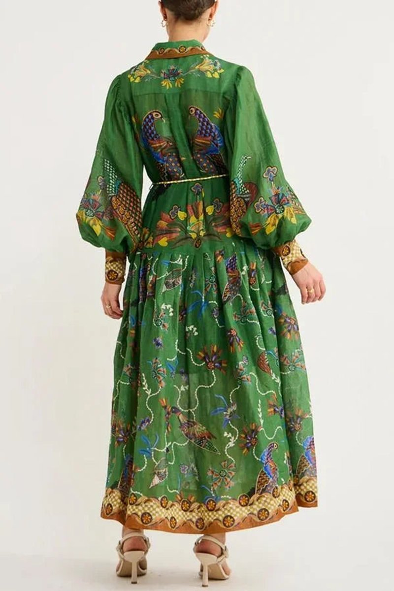 Isla | Women's Bird Print Midi Shirt Dress Long Sleeve Rope Belt