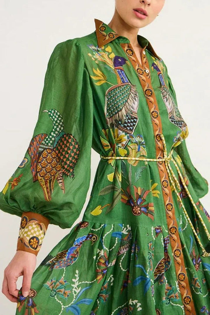 Isla | Women's Bird Print Midi Shirt Dress Long Sleeve Rope Belt