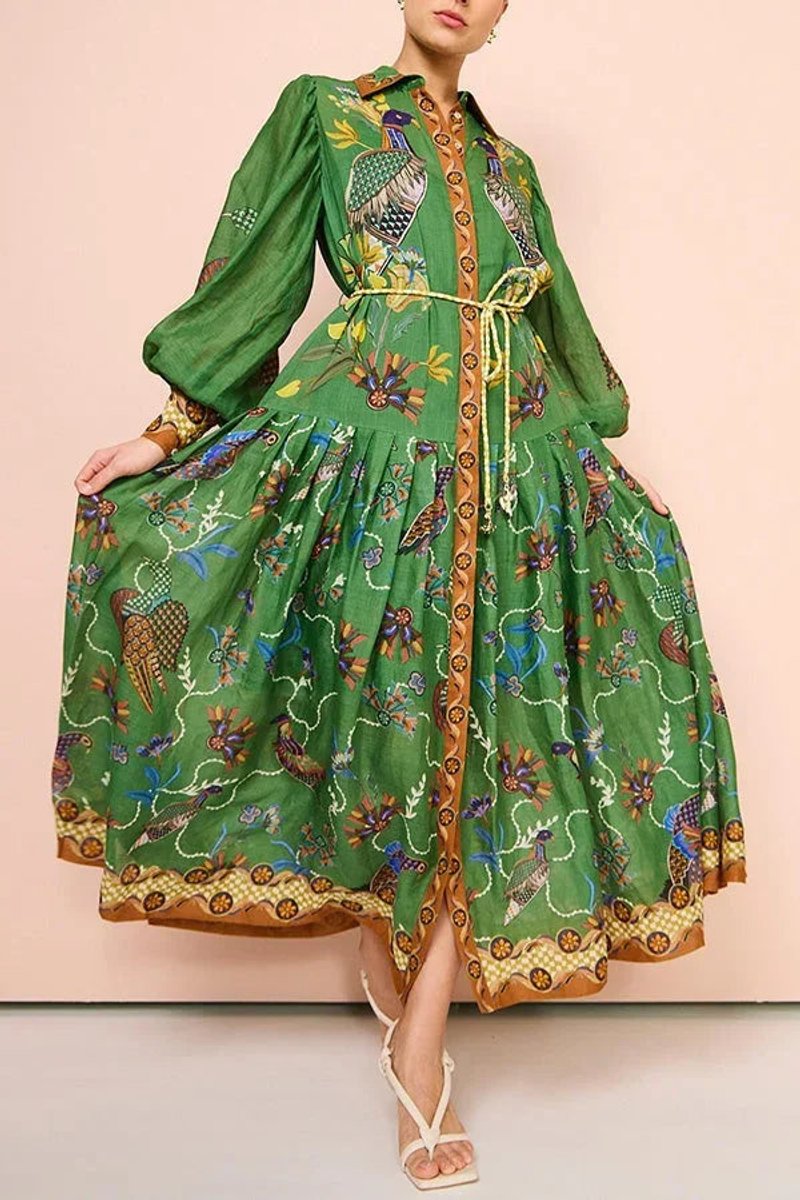 Isla | Women's Bird Print Midi Shirt Dress Long Sleeve Rope Belt