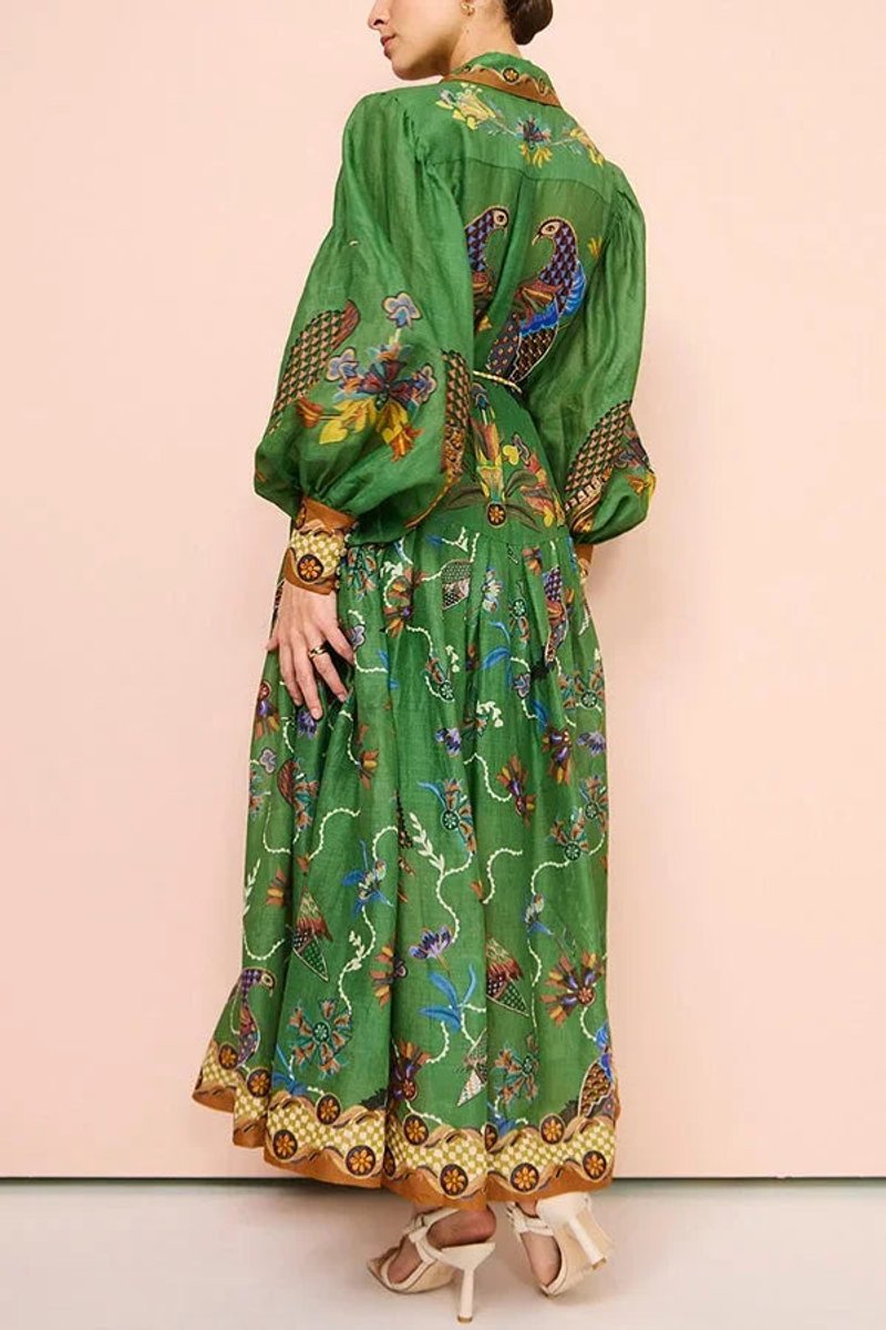 Isla | Women's Bird Print Midi Shirt Dress Long Sleeve Rope Belt