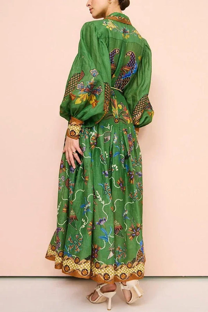 Isla | Women's Bird Print Midi Shirt Dress Long Sleeve Rope Belt