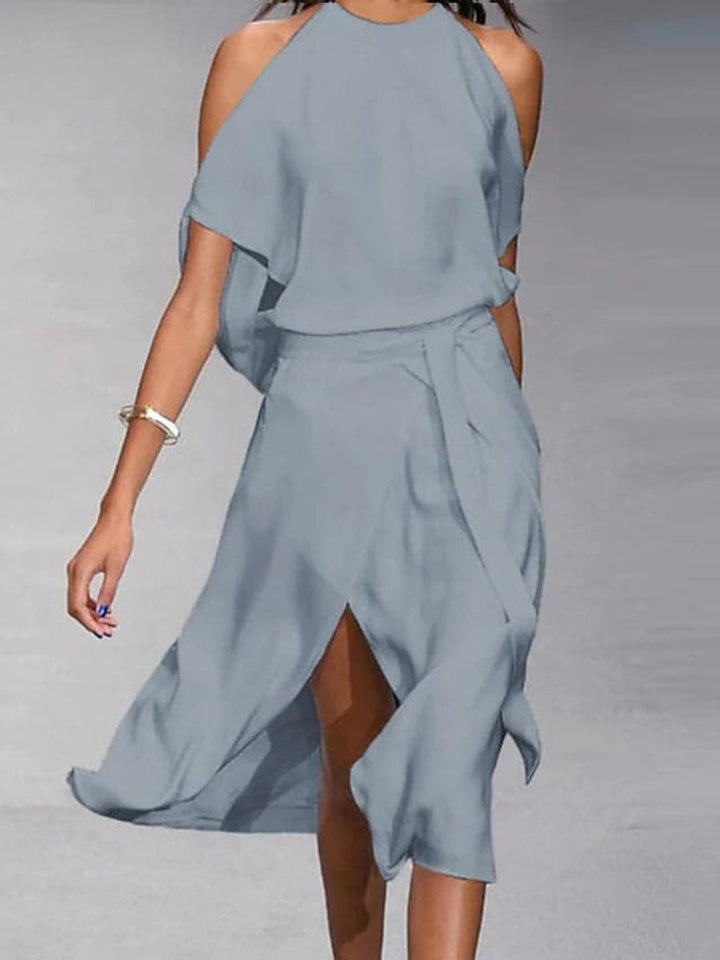 Emily | Women's Everyday Day Dress Cold-Shoulder Wrap Midi Skirt