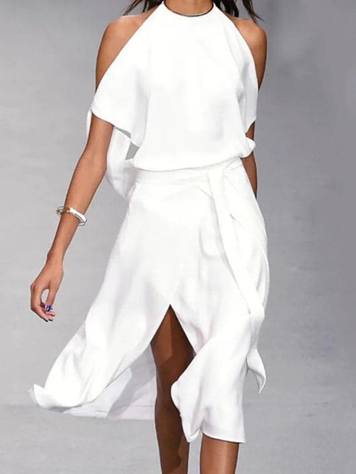 Emily | Women's Everyday Day Dress Cold-Shoulder Wrap Midi Skirt