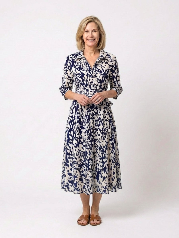 Rosie | Women's Collared Midi Shirt Dress Waist Tie Three-Quarter Sleeve