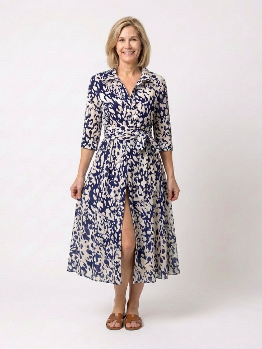 Rosie | Women's Collared Midi Shirt Dress Waist Tie Three-Quarter Sleeve
