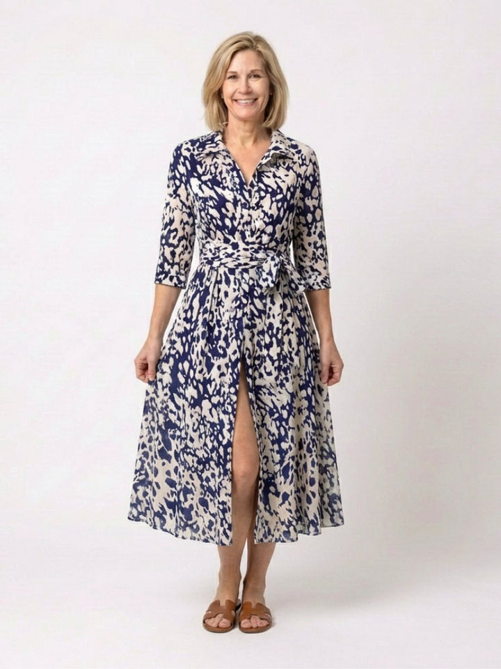 Rosie | Women's Collared Midi Shirt Dress Waist Tie Three-Quarter Sleeve