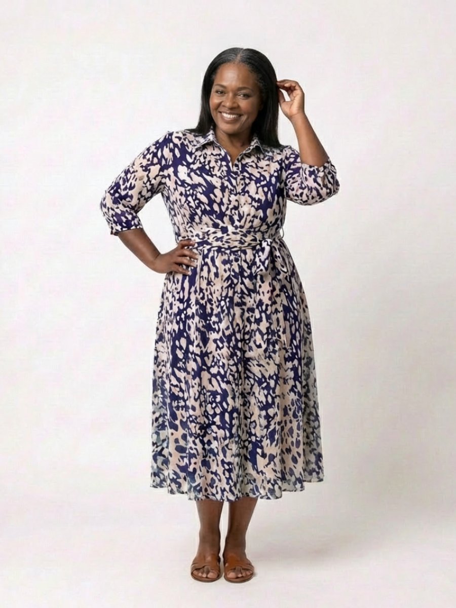 Rosie | Women's Collared Midi Shirt Dress Waist Tie Three-Quarter Sleeve