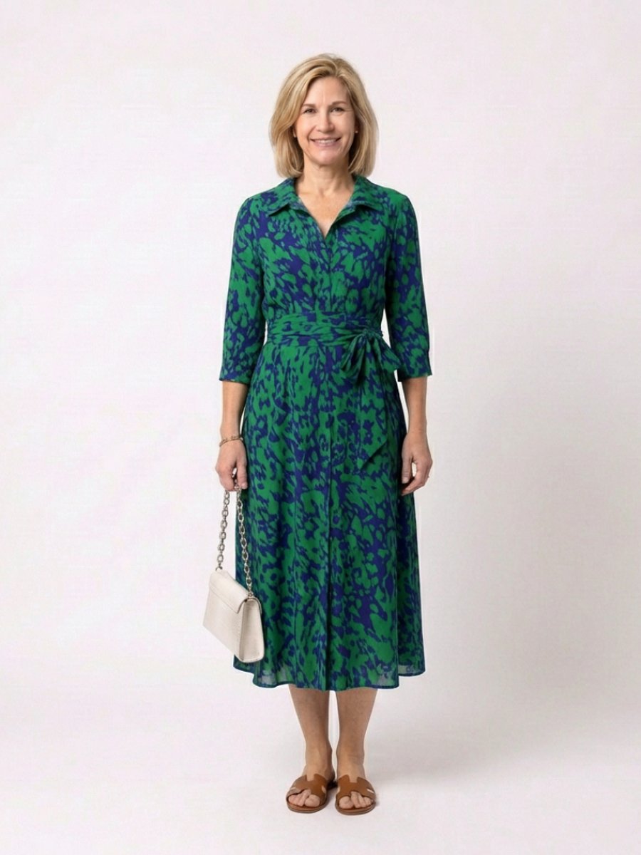 Rosie | Women's Collared Midi Shirt Dress Waist Tie Three-Quarter Sleeve