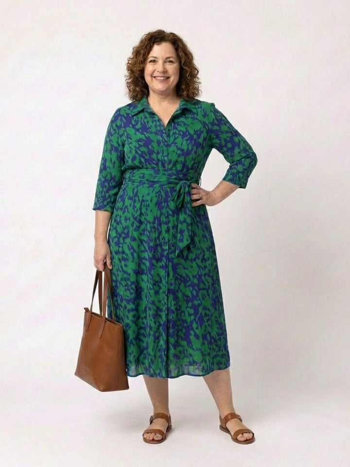 Rosie | Women's Collared Midi Shirt Dress Waist Tie Three-Quarter Sleeve