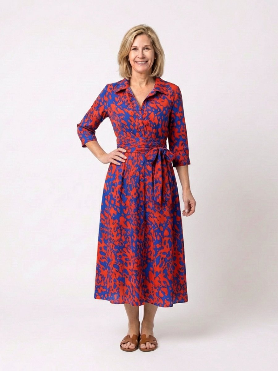 Rosie | Women's Collared Midi Shirt Dress Waist Tie Three-Quarter Sleeve