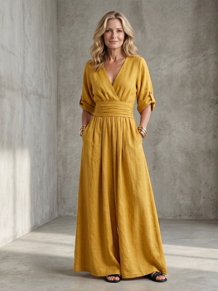 Florence | Women's Cross-Front Wide-Leg Jumpsuit Gathered Waist Pockets