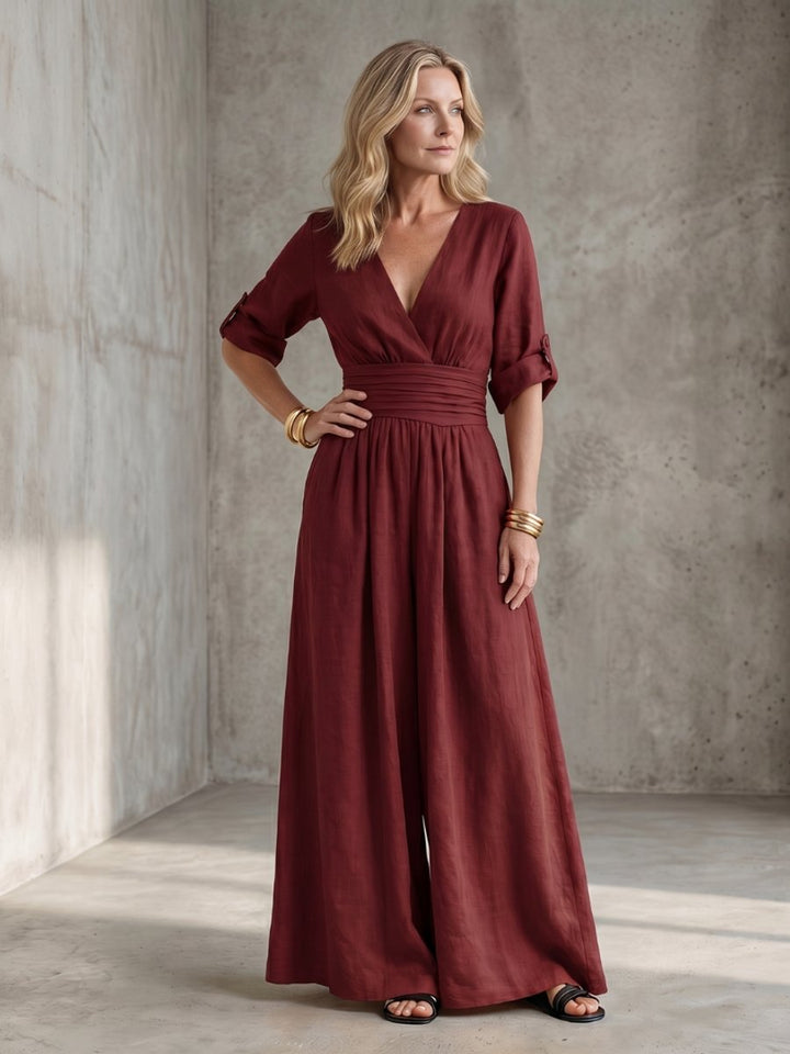 Florence | Women's Cross-Front Wide-Leg Jumpsuit Gathered Waist Pockets