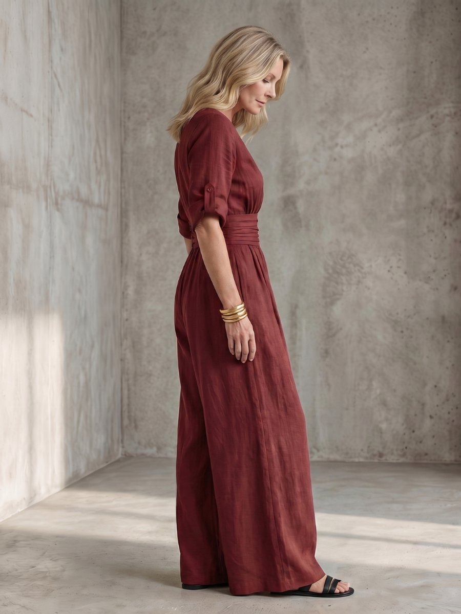 Florence | Women's Cross-Front Wide-Leg Jumpsuit Gathered Waist Pockets